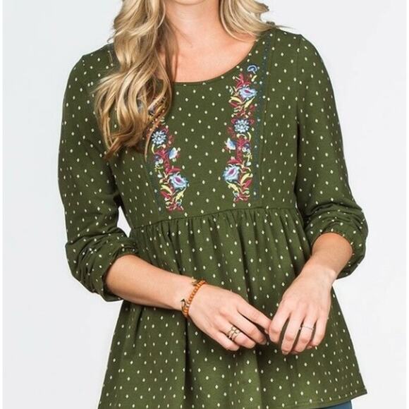 Matilda Jane Green White Through Generations Embroidered Babydoll Top Small - Picture 1 of 6